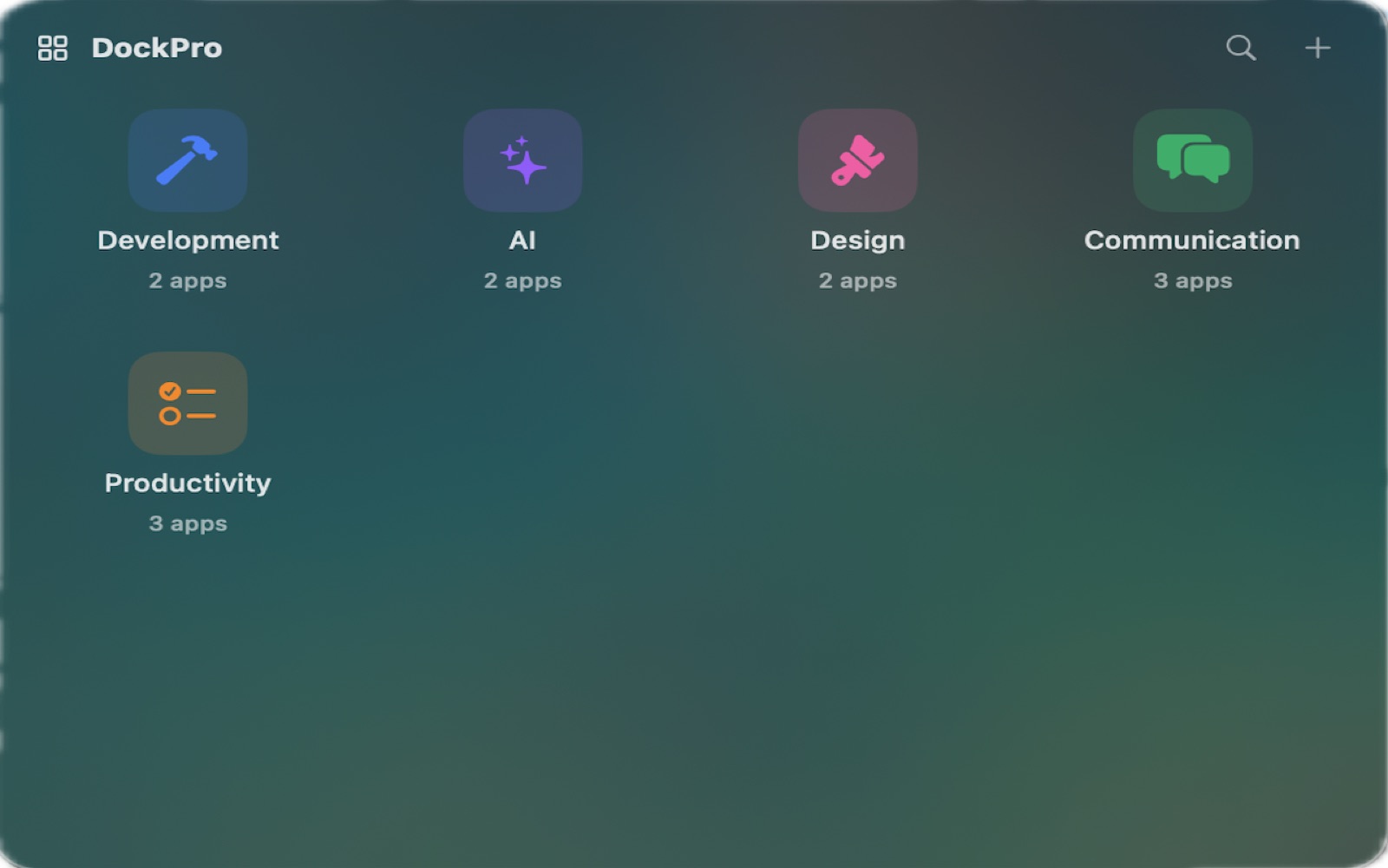 DockPro panel showing Development, AI, Design, Communication, and Productivity groups