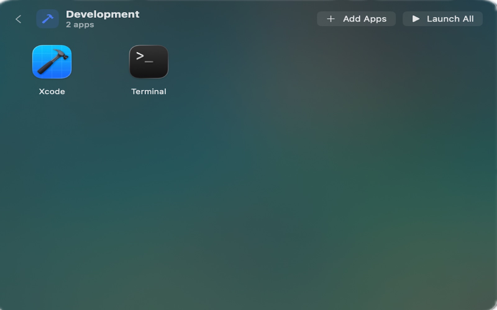 A DockPro group named Development containing Xcode and Terminal with a Launch All button
