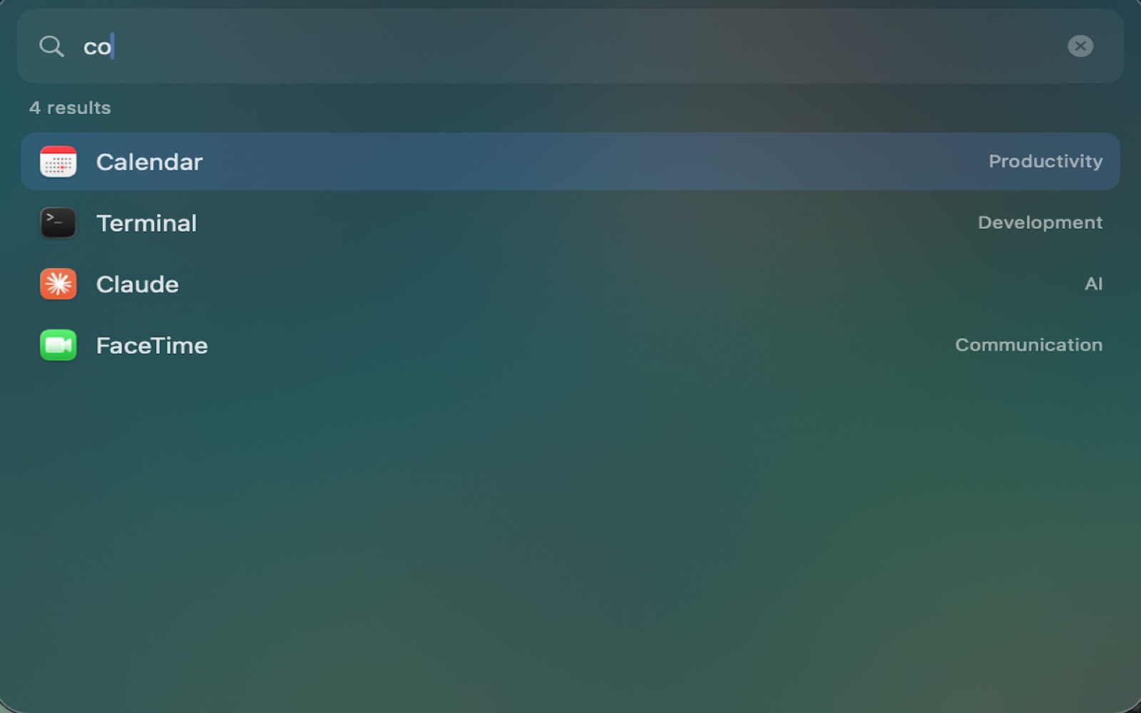 DockPro search showing Calendar, Terminal, Claude, and FaceTime results across groups